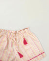 Early Sunday, Roman Short in Pink Strips print, made from 70% Cotton 30% Linen fabric, featuring a relaxed fit with an elastic waistband & striped design, shown in a closeup flat-lay view