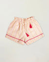 Early Sunday, Roman Short in Pink Strips print, made from 70% Cotton 30% Linen fabric, featuring a relaxed fit with an elastic waistband & striped design, shown in a front flat-lay view