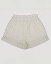 Early Sunday, Roman Shorts in Ivory color, made from All-Over Eyelet Embroidered Cotton Schifflie fabric, featuring relaxed fit with delicate finishes, combining style and functionality, shown in a back flat-lay view
