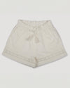 Early Sunday, Roman Shorts in Ivory color, made from All-Over Eyelet Embroidered Cotton Schifflie fabric, featuring relaxed fit with delicate finishes, combining style and functionality, shown in a front flat-lay view