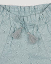 Early Sunday, Roman Shorts in Sea Dream color, made from All-Over Eyelet Embroidered Cotton Schifflie fabric, featuring relaxed fit with delicate finishes, combining style and functionality, shown in a closeup flat-lay view