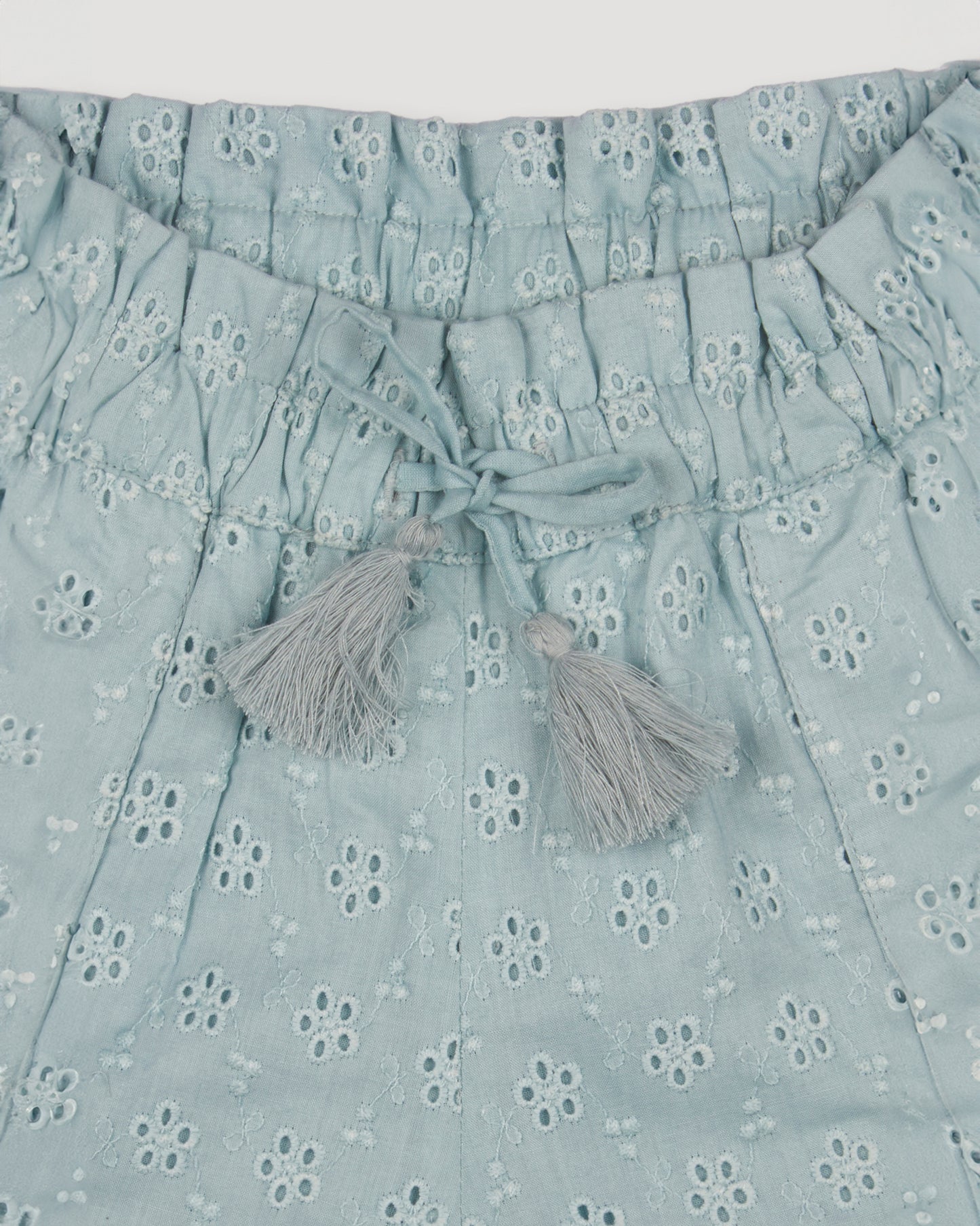 Early Sunday, Roman Shorts in Sea Dream color, made from All-Over Eyelet Embroidered Cotton Schifflie fabric, featuring relaxed fit with delicate finishes, combining style and functionality, shown in a closeup flat-lay view