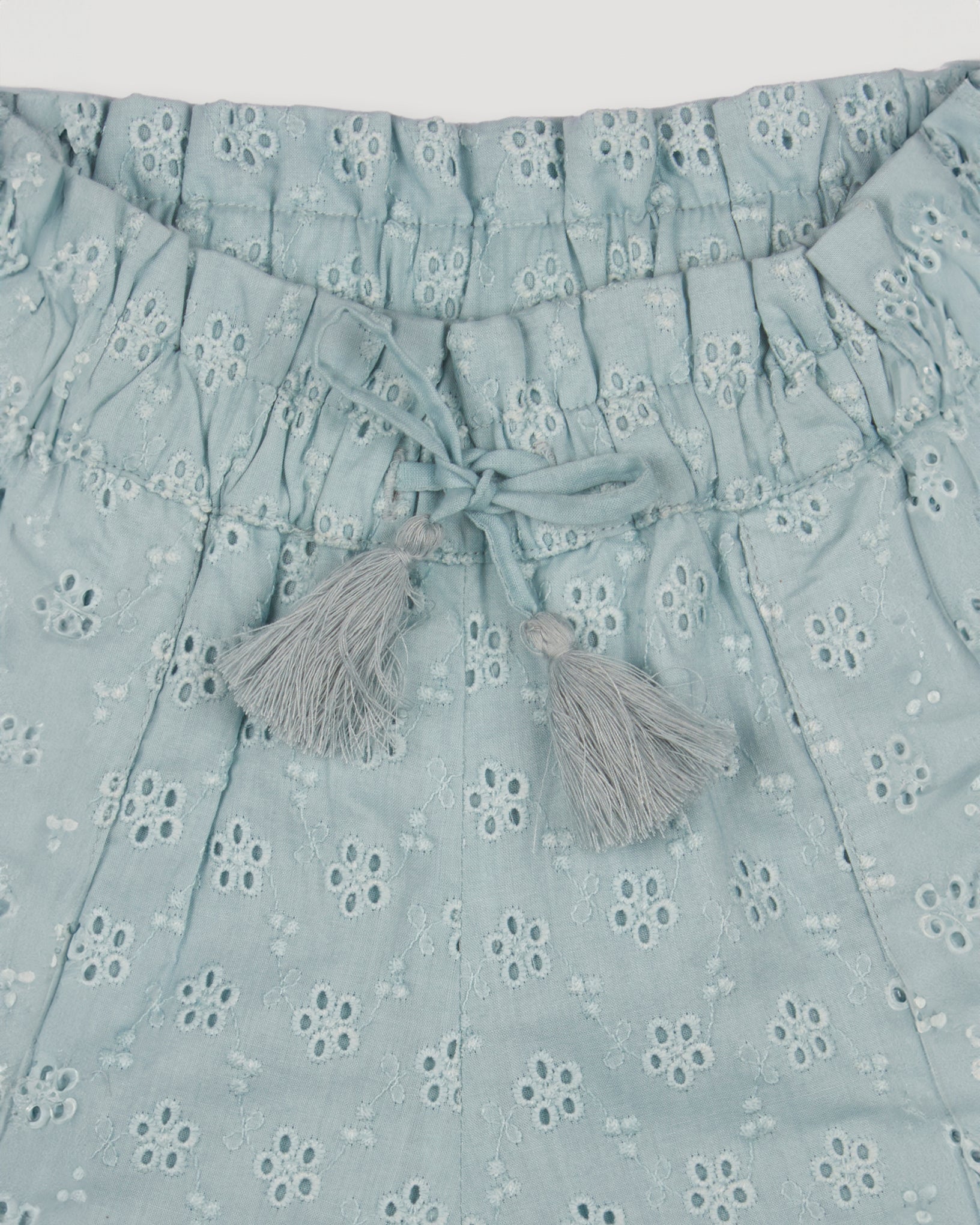 Early Sunday, Roman Shorts in Sea Dream color, made from All-Over Eyelet Embroidered Cotton Schifflie fabric, featuring relaxed fit with delicate finishes, combining style and functionality, shown in a closeup flat-lay view