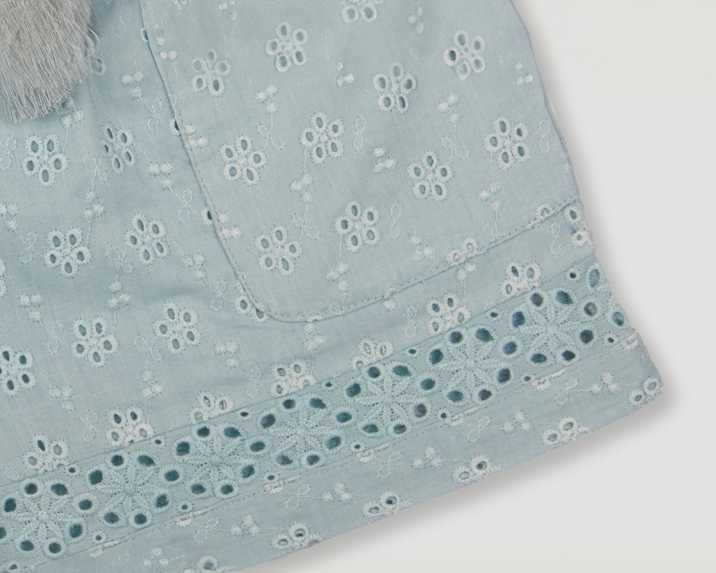 Early Sunday, Roman Shorts in Sea Dream color, made from All-Over Eyelet Embroidered Cotton Schifflie fabric, featuring relaxed fit with delicate finishes, combining style and functionality, shown in a detailed print flat-lay view