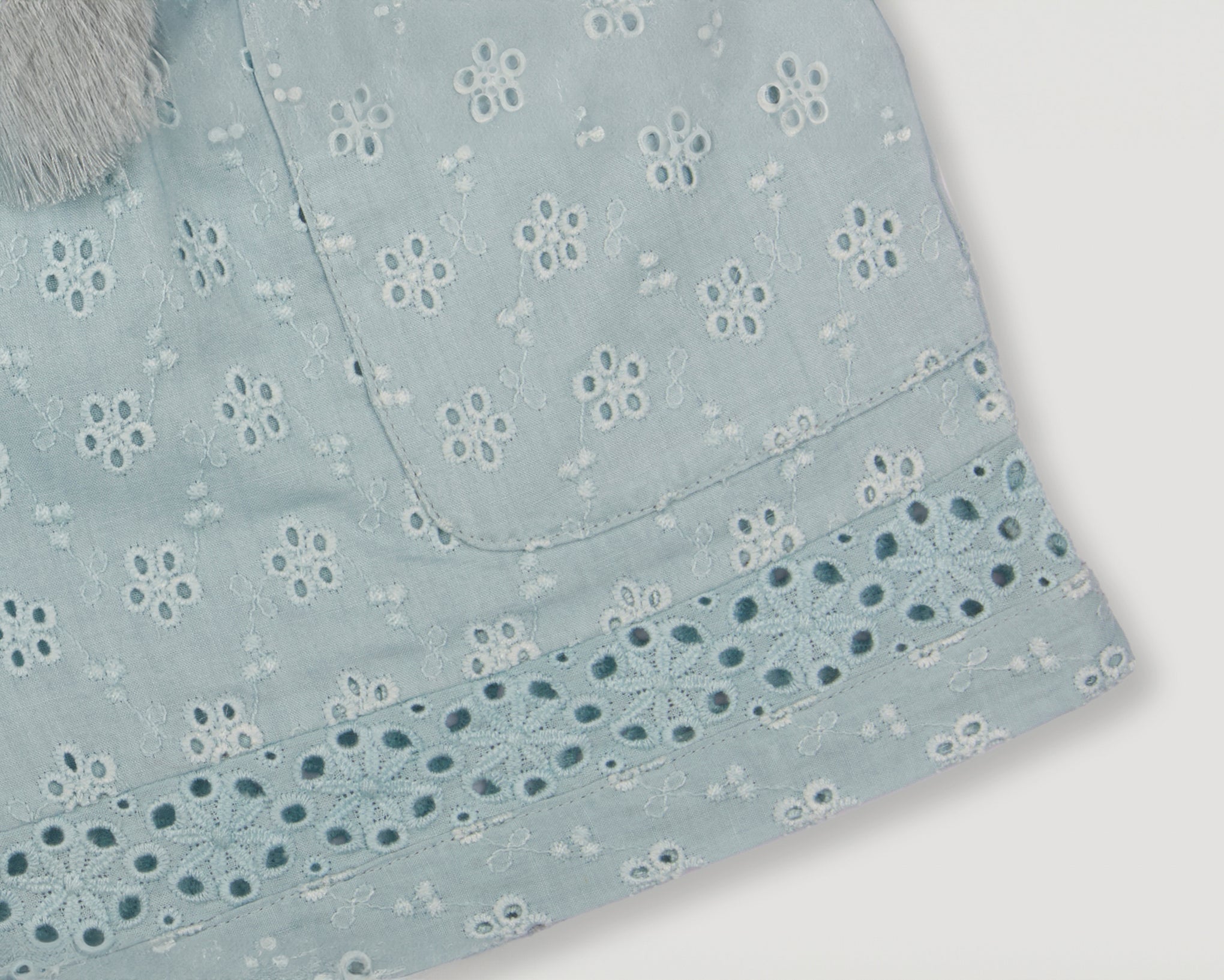 Early Sunday, Roman Shorts in Sea Dream color, made from All-Over Eyelet Embroidered Cotton Schifflie fabric, featuring relaxed fit with delicate finishes, combining style and functionality, shown in a detailed print flat-lay view