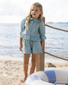 Early Sunday, Roman Shorts in Sea Dream color, made from All-Over Eyelet Embroidered Cotton Schifflie fabric, featuring relaxed fit with delicate finishes, combining style and functionality, shown in a front view of model wearing it
