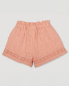 Early Sunday, Roman Shorts in Strawberry color, made from All-Over Eyelet Embroidered Cotton Schifflie fabric, featuring relaxed fit with delicate finishes, combining style and functionality, shown in a back flat-lay view