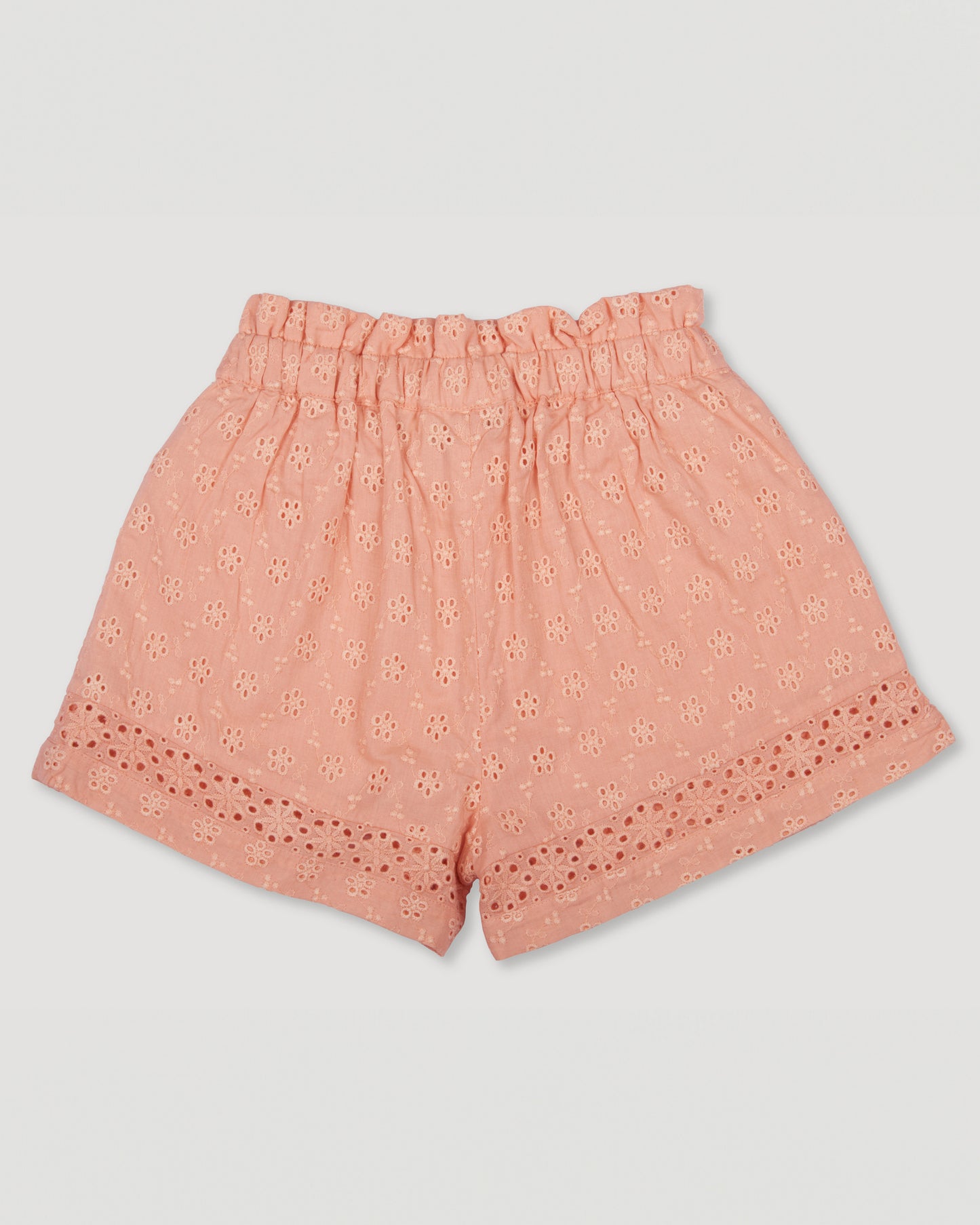 Early Sunday, Roman Shorts in Strawberry color, made from All-Over Eyelet Embroidered Cotton Schifflie fabric, featuring relaxed fit with delicate finishes, combining style and functionality, shown in a back flat-lay view