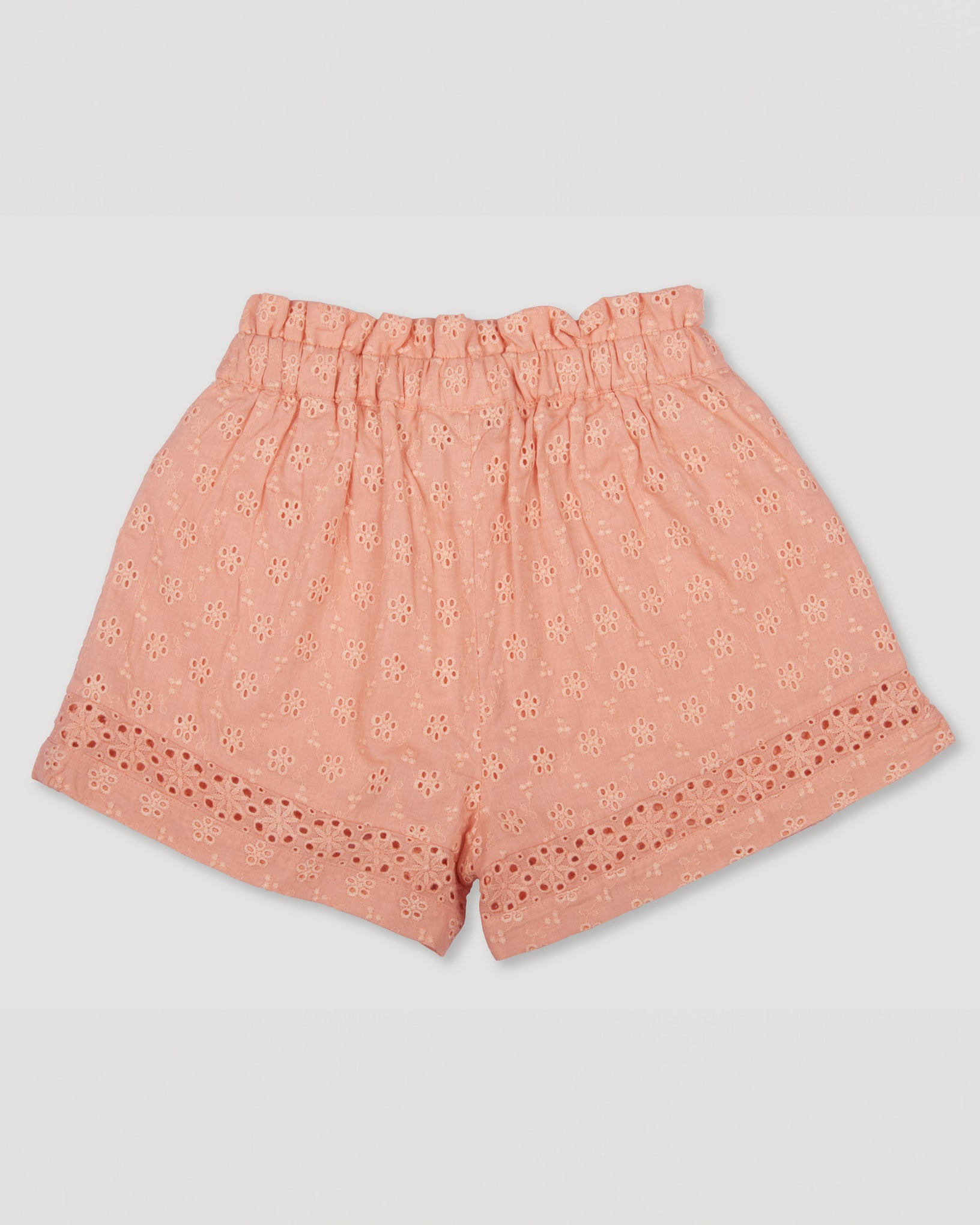 Early Sunday, Roman Shorts in Strawberry color, made from All-Over Eyelet Embroidered Cotton Schifflie fabric, featuring relaxed fit with delicate finishes, combining style and functionality, shown in a back flat-lay view