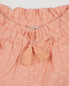 Early Sunday, Roman Shorts in Strawberry color, made from All-Over Eyelet Embroidered Cotton Schifflie fabric, featuring relaxed fit with delicate finishes, combining style and functionality, shown in a closeup flat-lay view