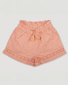 Early Sunday, Roman Shorts in Strawberry color, made from All-Over Eyelet Embroidered Cotton Schifflie fabric, featuring relaxed fit with delicate finishes, combining style and functionality, shown in a front flat-lay view