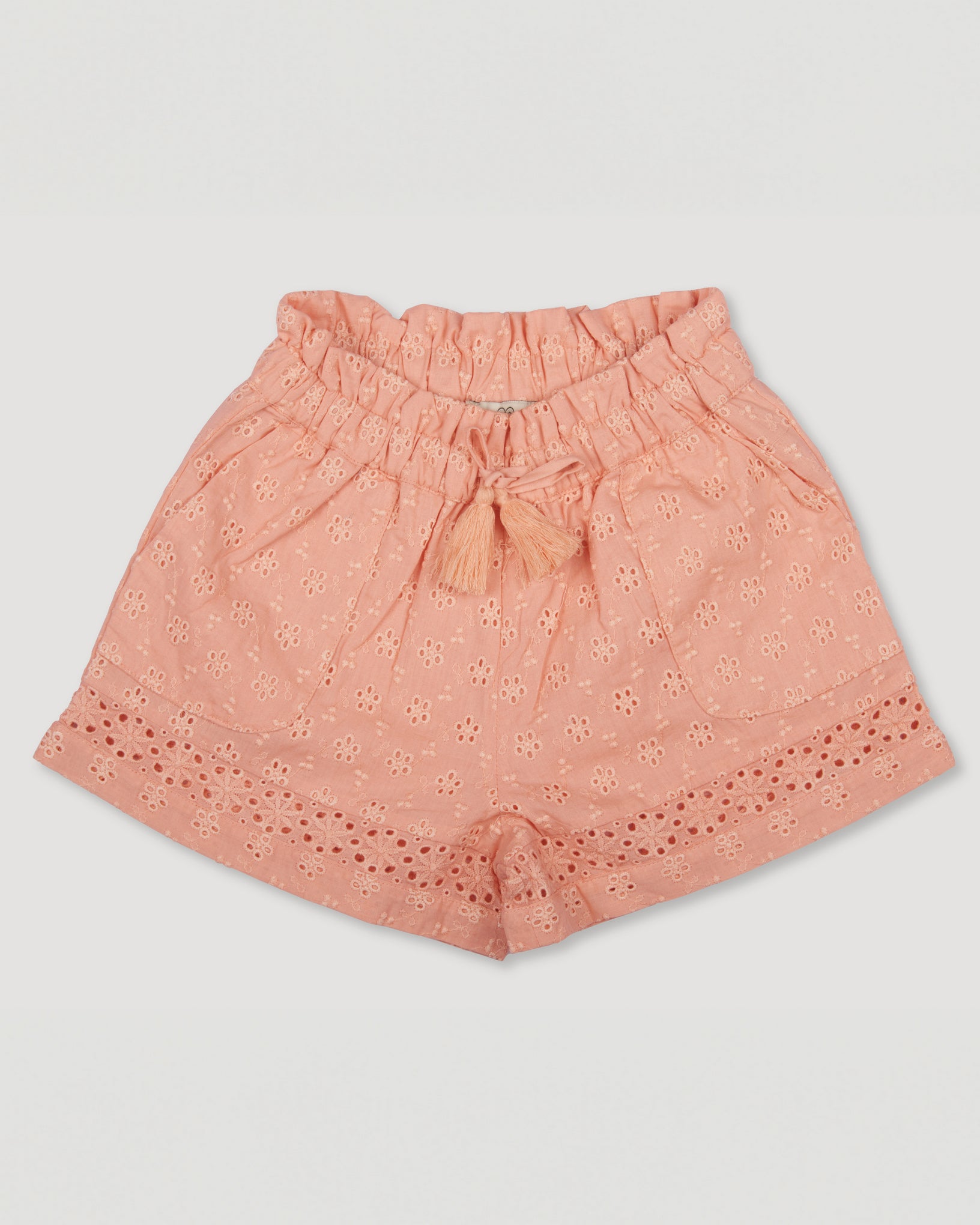 Early Sunday, Roman Shorts in Strawberry color, made from All-Over Eyelet Embroidered Cotton Schifflie fabric, featuring relaxed fit with delicate finishes, combining style and functionality, shown in a front flat-lay view