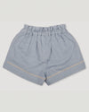 Early Sunday, Roman Shorts in Ocean Blue color, made from Canvas 70% Cotton 30% Linen fabric, featuring relaxed fit with delicate finishes, combining style and functionality, shown in a back flat lay view