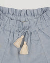 Early Sunday, Roman Shorts in Ocean Blue color, made from Canvas 70% Cotton 30% Linen fabric, featuring relaxed fit with delicate finishes, combining style and functionality, shown in a close up flat lay view