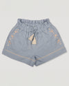 Early Sunday, Roman Shorts in Ocean Blue color, made from Canvas 70% Cotton 30% Linen fabric, featuring relaxed fit with delicate finishes, combining style and functionality, shown in a front flat lay view