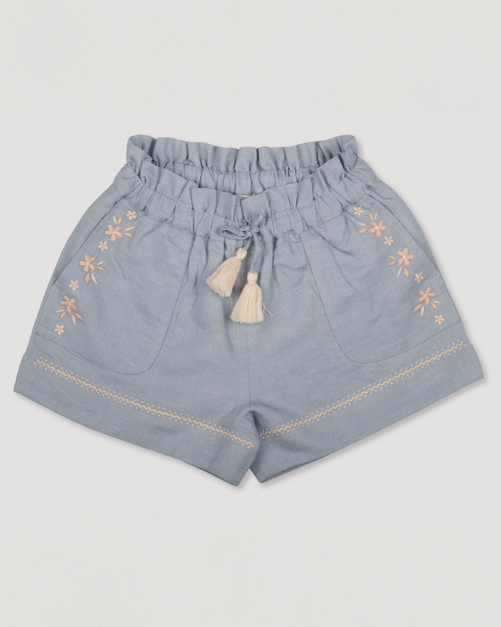 Early Sunday, Roman Shorts in Ocean Blue color, made from Canvas 70% Cotton 30% Linen fabric, featuring relaxed fit with delicate finishes, combining style and functionality, shown in a front flat lay view