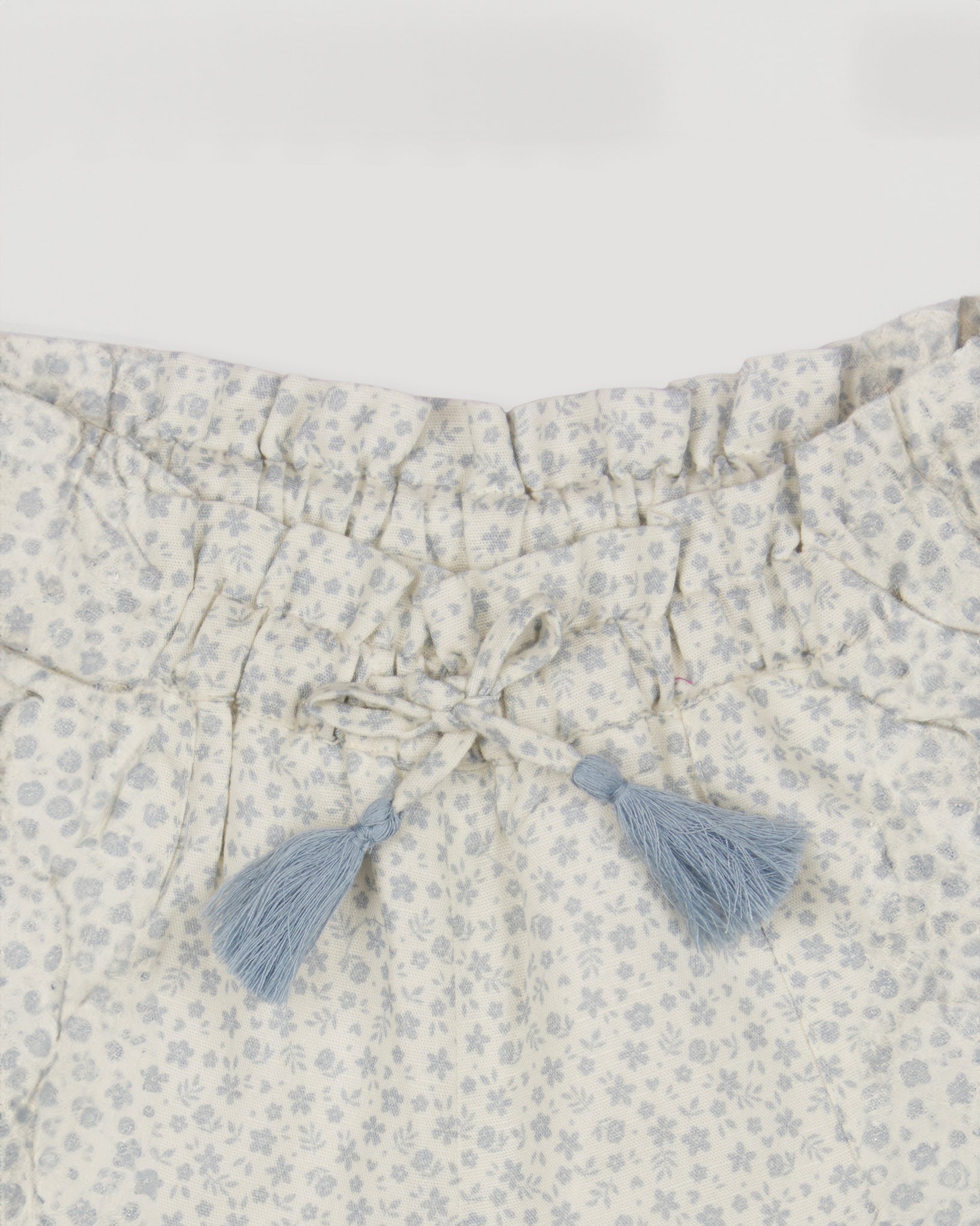 Early Sunday, Roman Shorts in Mini Flower print, made from Printed canvas 70% Cotton 30% Linen fabric, featuring relaxed fit with delicate finishes, combining style and functionality, shown in a closeup flat-lay view