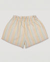 Early Sunday, Roman Shorts in Summer Stripe, made from Printed canvas 70% Cotton 30% Linen fabric, featuring relaxed fit with delicate finishes, combining style and functionality, shown in a back flat-lay view