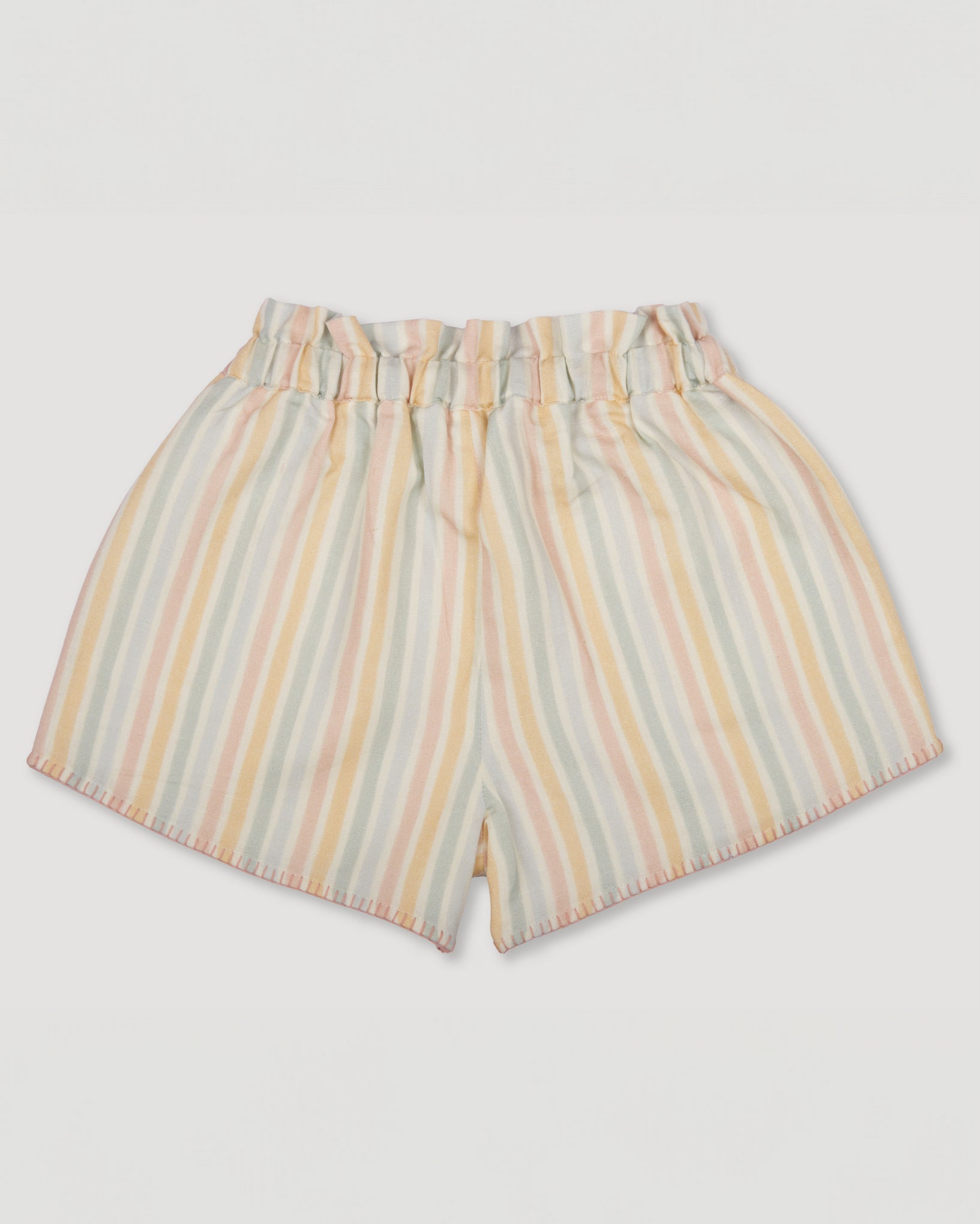 Early Sunday, Roman Shorts in Summer Stripe, made from Printed canvas 70% Cotton 30% Linen fabric, featuring relaxed fit with delicate finishes, combining style and functionality, shown in a back flat-lay view