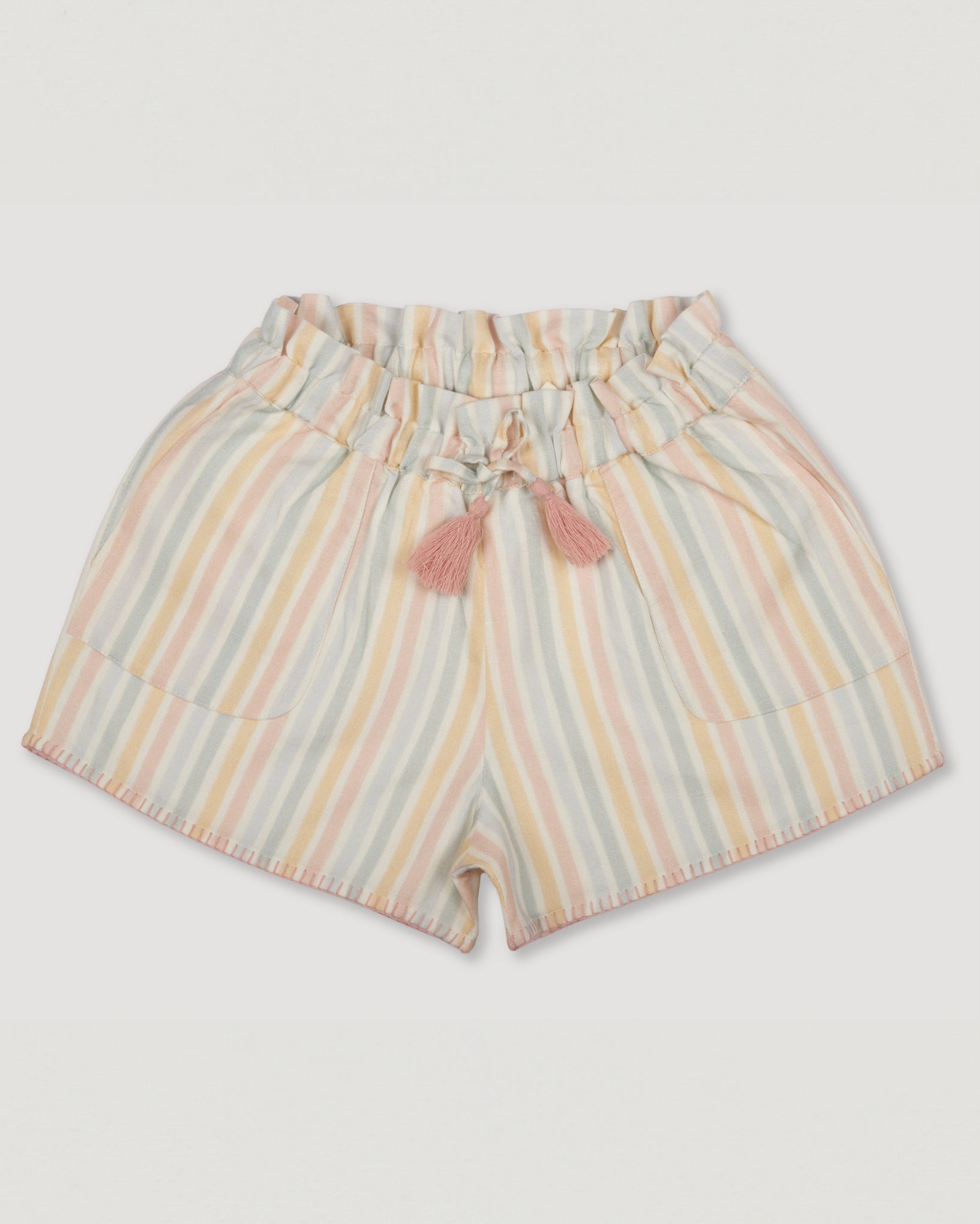 Early Sunday, Roman Shorts in Summer Stripe, made from Printed canvas 70% Cotton 30% Linen fabric, featuring relaxed fit with delicate finishes, combining style and functionality, shown in a front flat-lay view