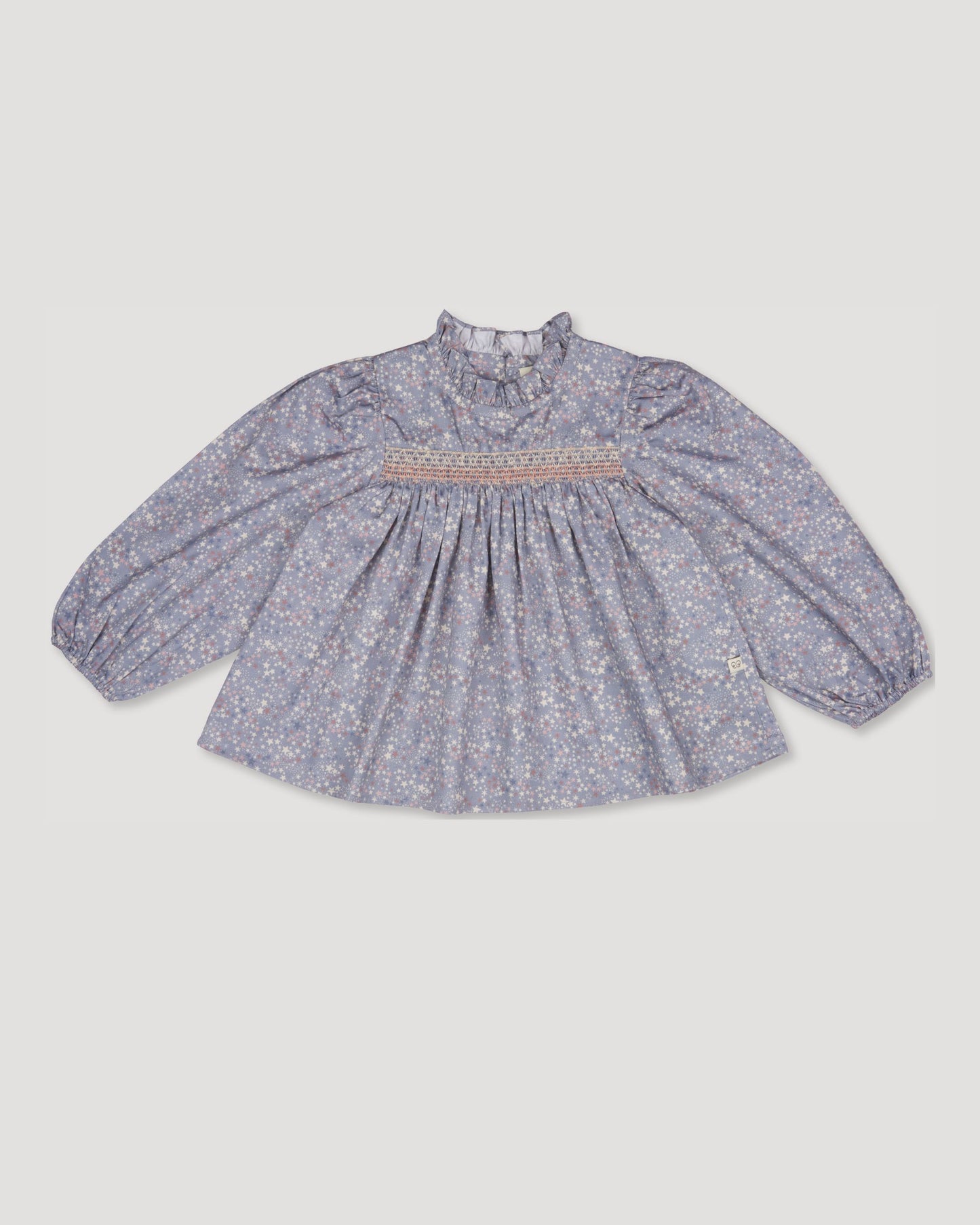 Early Sunday, Rosa Blouse in Celestial print, made from Printed Cotton Satin fabric, featuring Frilled neckline detailed with a lace collar for a vintage touch, shown in a front flat-lay view