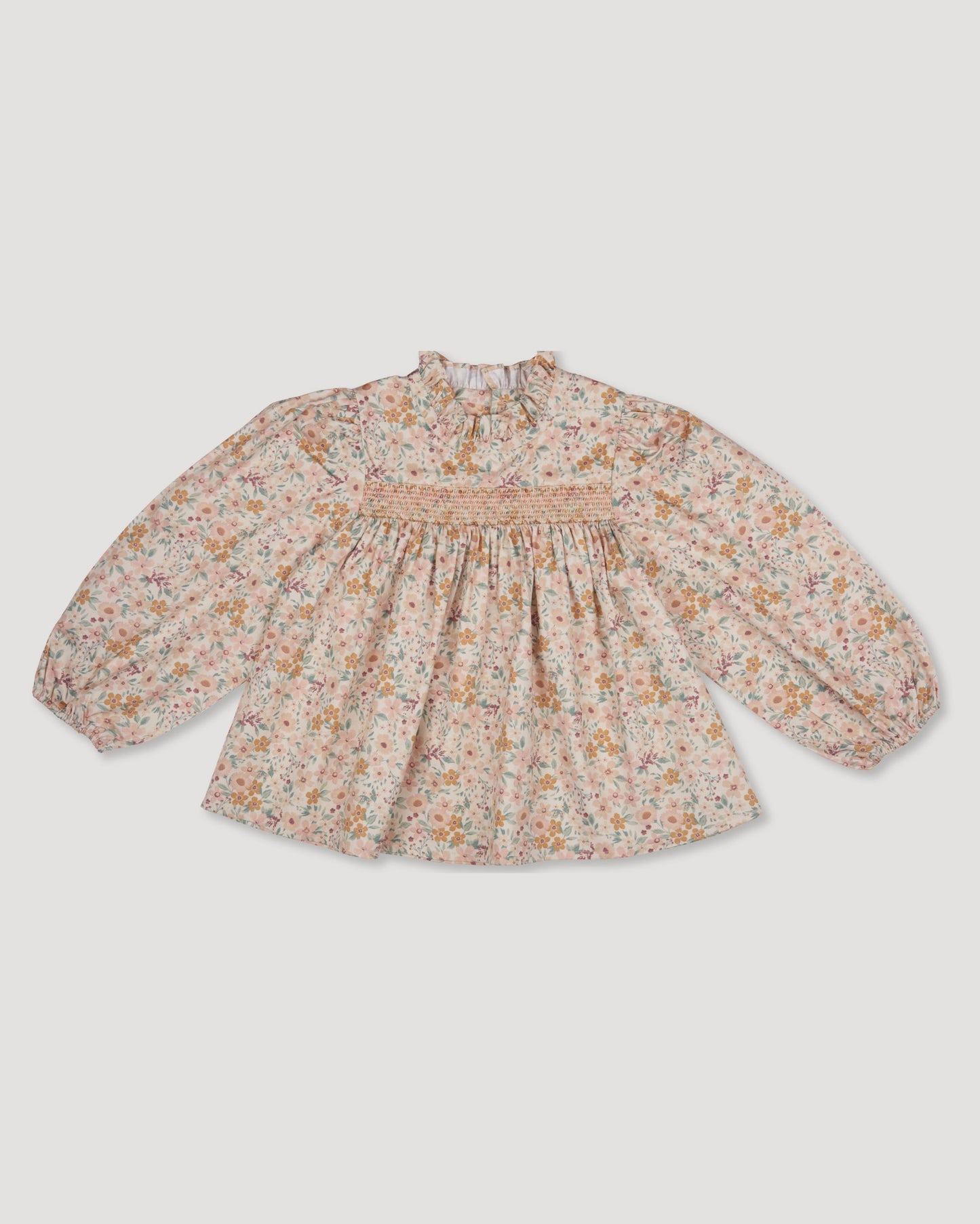 Early Sunday, Rosa Blouse in Floral print, made from Printed Cotton Satin fabric, featuring Frilled neckline detailed with a lace collar for a vintage touch, shown in a front flat-lay view