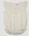 Early Sunday, Rose Baby Bubble Romper in Ivory color, made from All-Over Eyelet Embroidered Cotton Schifflie fabric, featuring gathered bubble silhouette for a cute and comfortable fit, with a relaxed design that allows for ease of movement, shown in a front flat-lay view