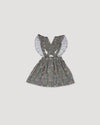Early Sunday, Selma Skirt in Autumn Garden Greyish Blue, made from Printed Cotton Satin fabric, featuring dungaree style with adjustable straps, shown in a back flat-lay view