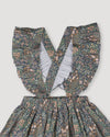 Early Sunday, Selma Skirt in Autumn Garden Greyish Blue, made from Printed Cotton Satin fabric, featuring dungaree style with adjustable straps, shown in a closeup flat-lay view