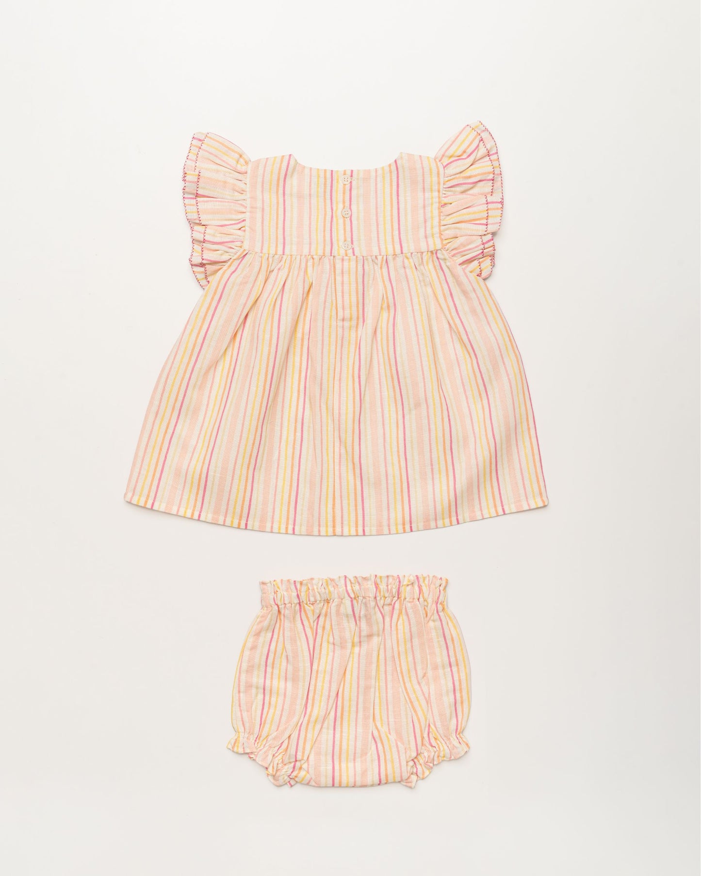 Early Sunday, Sienna Baby Dress & Bloomer Set in Pink Stripes print, made from 70% Cotton 30% Linen fabric, featuring a relaxed fit with smocked chest band & frilled sleeves, shown in a back flat-lay view
