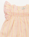 Early Sunday, Sienna Baby Dress & Bloomer Set in Pink Stripes print, made from 70% Cotton 30% Linen fabric, featuring a relaxed fit with smocked chest band & frilled sleeves, shown in a closeup flat-lay view