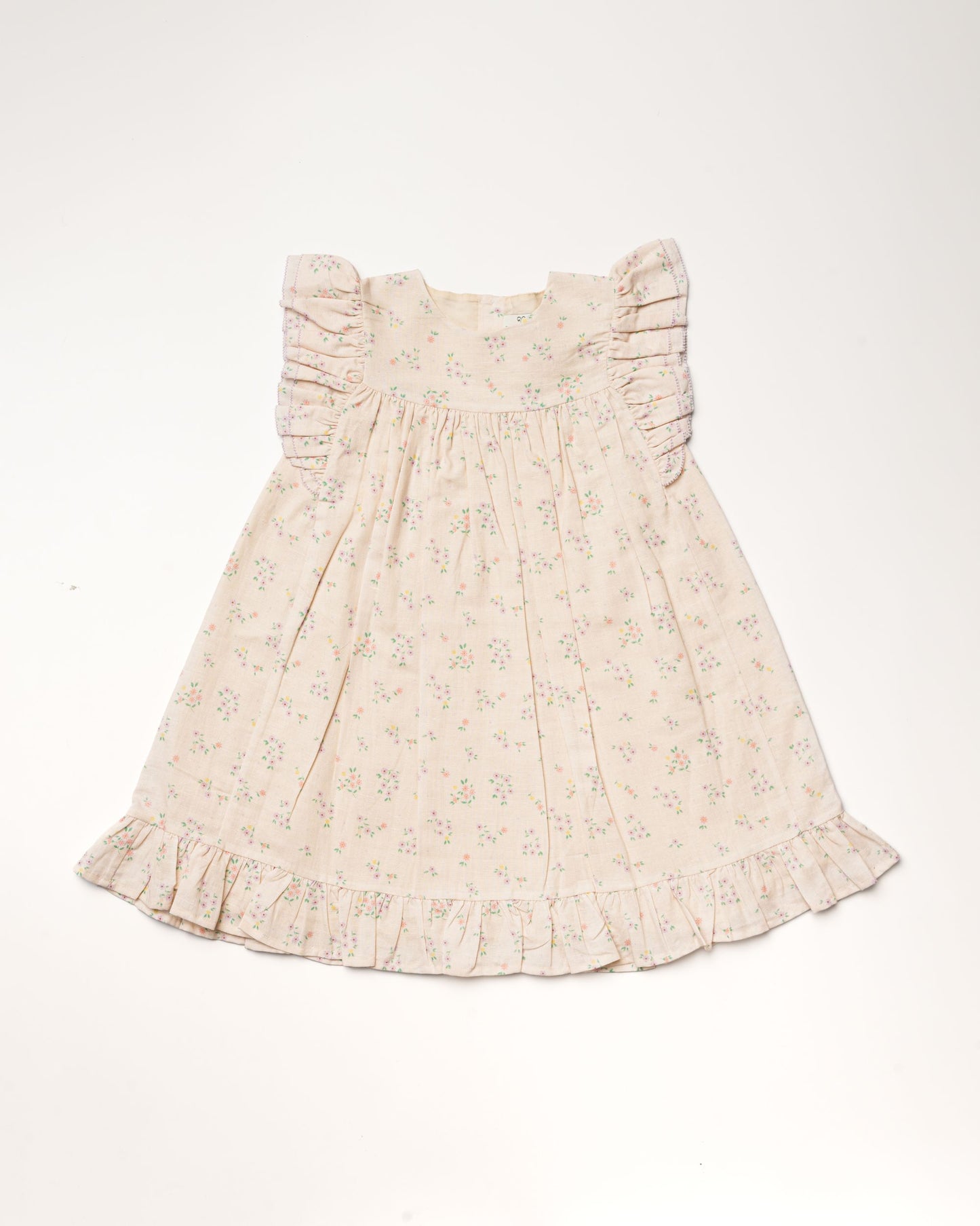 Early Sunday, Sita Dress in Painted Bouquet print, made from 70% Cotton 30% Linen fabric, featuring a sleeveless design with wide shoulder straps & a delicate lace yoke, shown in a front flat-lay view
