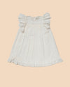 Early Sunday, Sita Dress in Ivory color, made from Tiny Swiss Dobby fabric, featuring a sleeveless design with wide shoulder straps & a delicate lace yoke, shown in a front flat-lay view