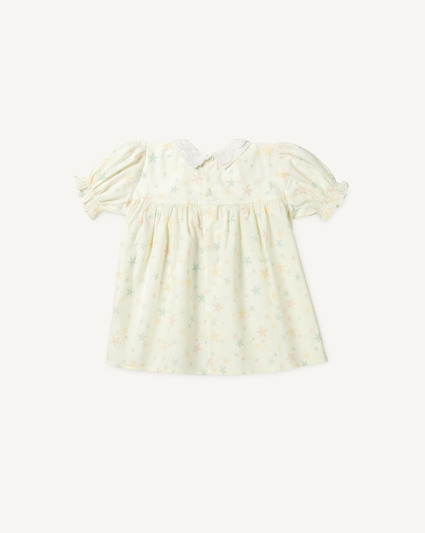 Early Sunday, Sukie Baby Dress & Bloomer in Star Fish print, made from Printed Cotton Cambric fabric, featuring flared dress with a relaxed fit for ease of movement, matching bloomer with an elasticated waistband for comfort and flexibility., shown in a back flat-lay view