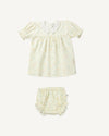 Early Sunday, Sukie Baby Dress & Bloomer in Star Fish print, made from Printed Cotton Cambric fabric, featuring flared dress with a relaxed fit for ease of movement, matching bloomer with an elasticated waistband for comfort and flexibility., shown in a front flat-lay view