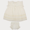 Early Sunday, Susie Baby Dress & Bloomer in Ivory color, made from All-Over Eyelet Embroidered Cotton Schifflie fabric, featuring flared dress with a relaxed fit for ease of movement, matching bloomer with an elasticated waistband for comfort and flexibility, shown in a back flat-lay view