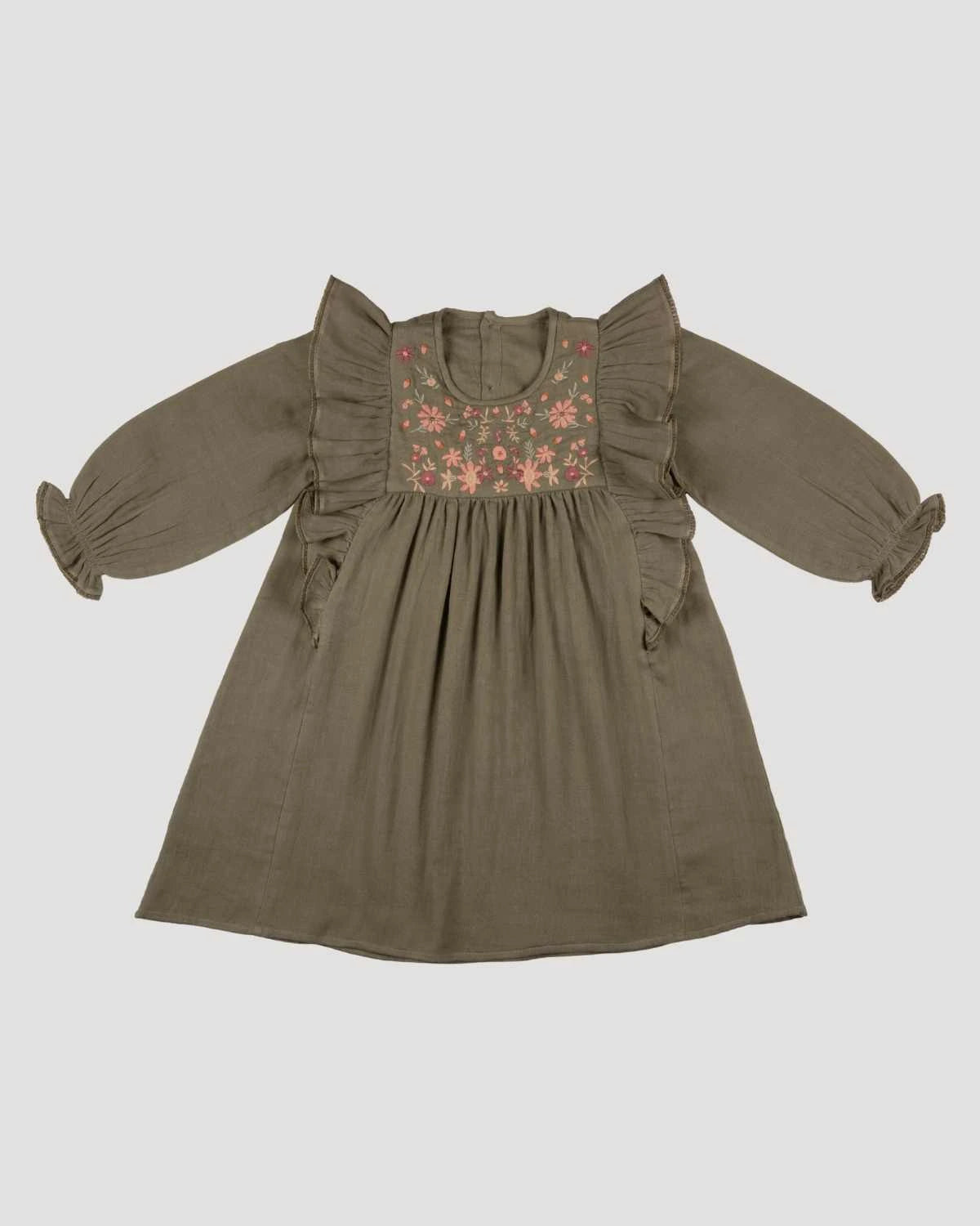 Early Sunday, Suzanne Dress in Dried Leaf, made from Cotton Double Gauze fabric, featuring classic silhouette with floral embroidery around the yoke and ruffle detailing, shown in a back flat-lay view