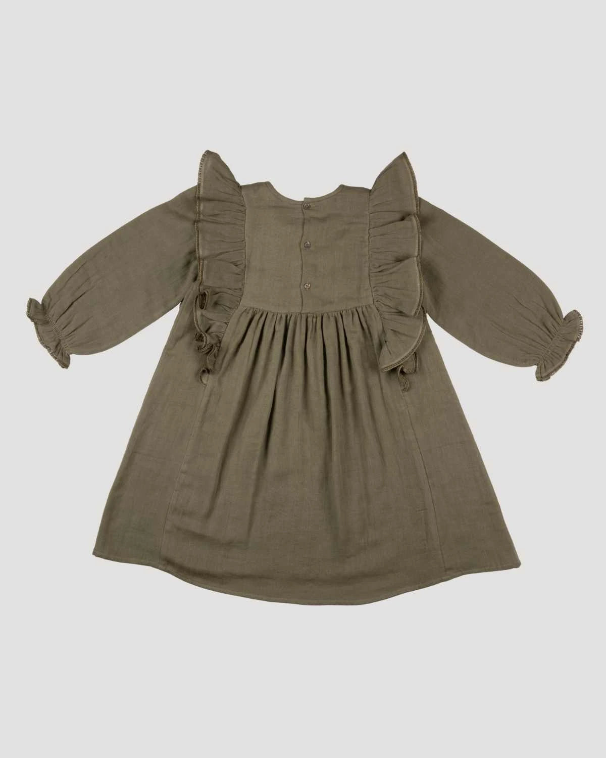 Early Sunday, Suzanne Dress in Dried Leaf, made from Cotton Double Gauze fabric, featuring classic silhouette with floral embroidery around the yoke and ruffle detailing, shown in a front flat-lay view