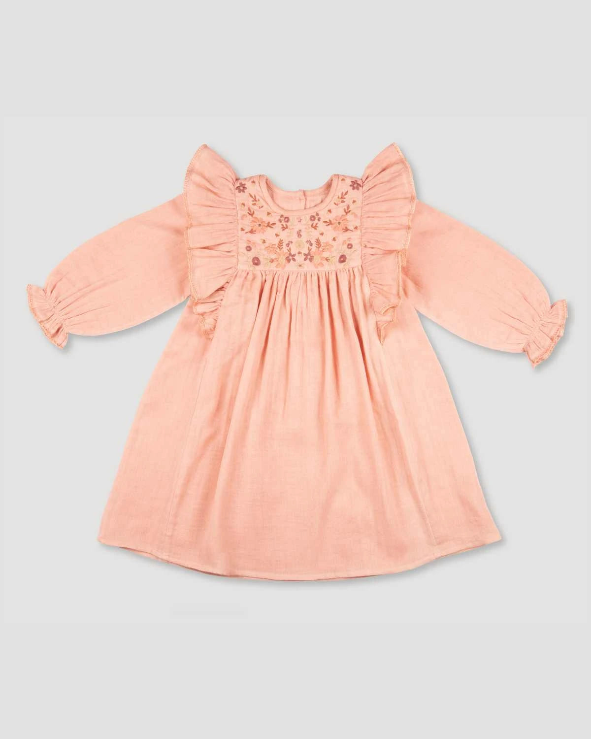 Early Sunday, Suzanne Dress in Dusty Pink, made from Cotton Double Gauze fabric, featuring classic silhouette with floral embroidery around the yoke and ruffle detailing, shown in a front flat-lay view