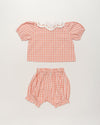 Early Sunday, Tilly Blouse & Holly Baby Shorts Set in Peony color, made from 100% Cotton Gingham Check fabric, featuring a bubble pattern with beautiful embroidery, shown in a back flat-lay view