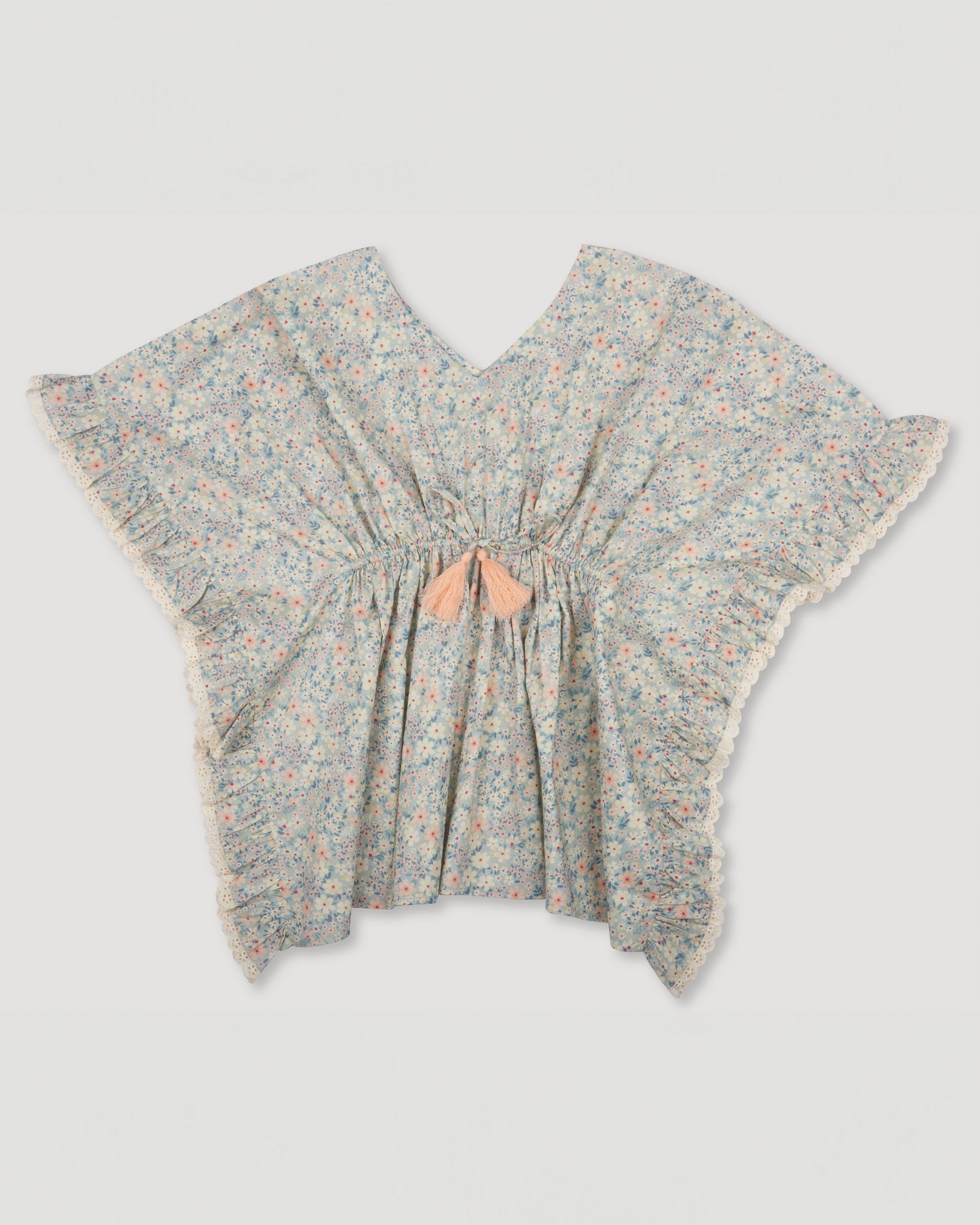 Early Sunday, Tony Kaftan in Amelia print, made from Printed Cotton Cambric fabric, featuring flowing kaftan silhouette with a gathered waist and tassel tie detail, shown in a front flat-lay view