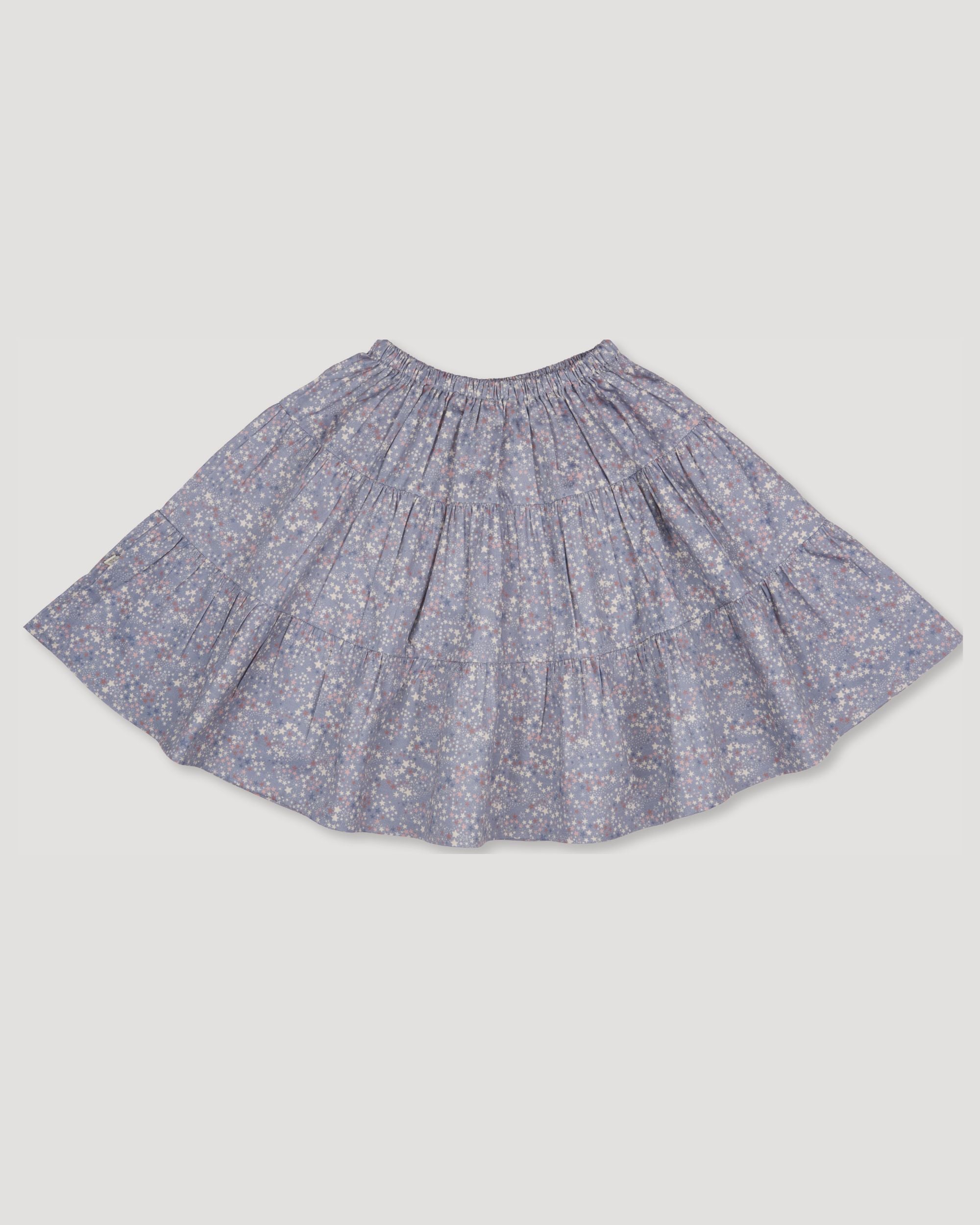 Early Sunday, Victoria Skirt in Celestial print, made from Printed Cotton Satin fabric, featuring Tiered silhouette for natural movement and volume, shown in a front flat-lay view