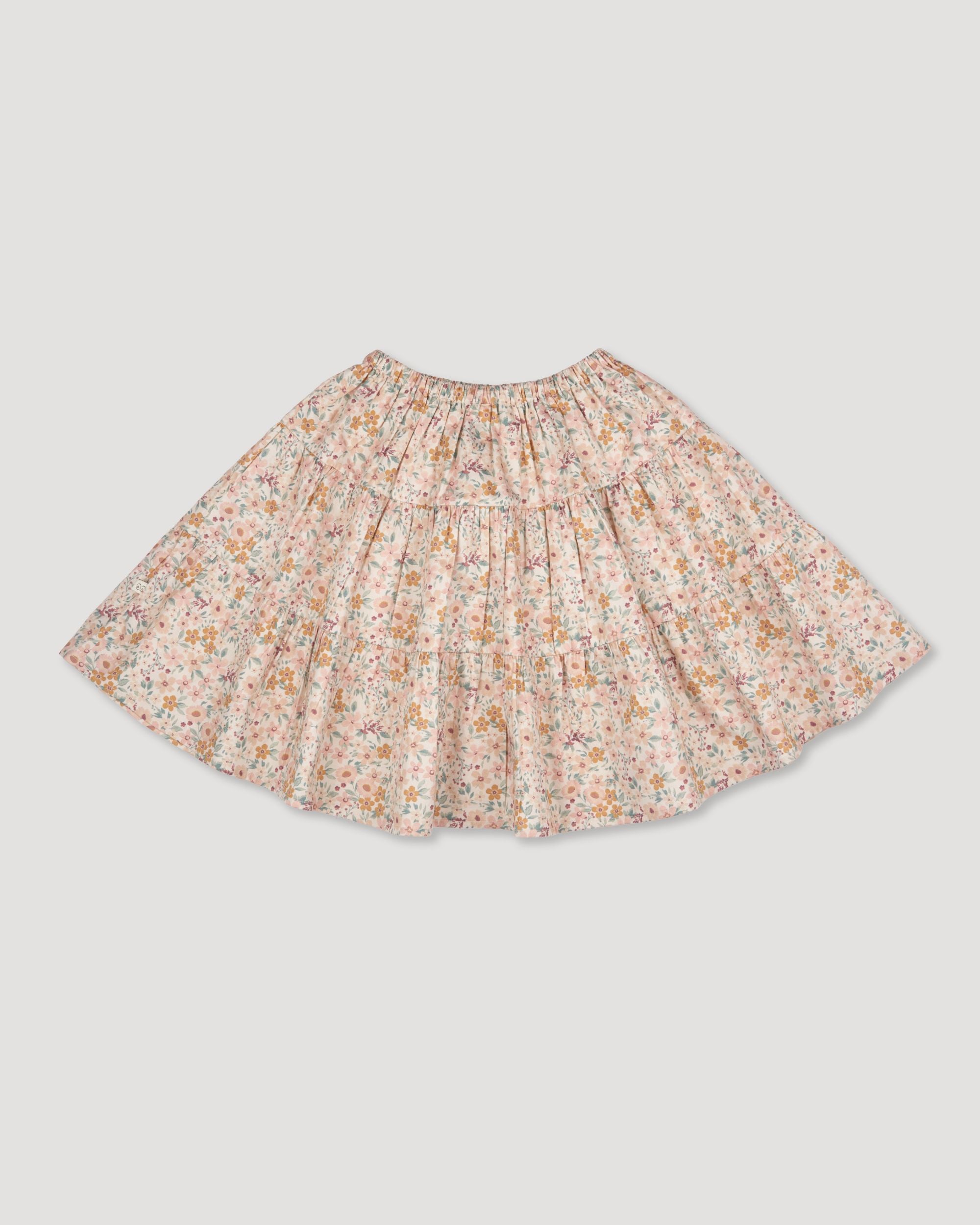 Early Sunday, Victoria Skirt in Floral print, made from Printed Cotton Satin fabric, featuring Tiered silhouette for natural movement and volume, shown in a front flat-lay view