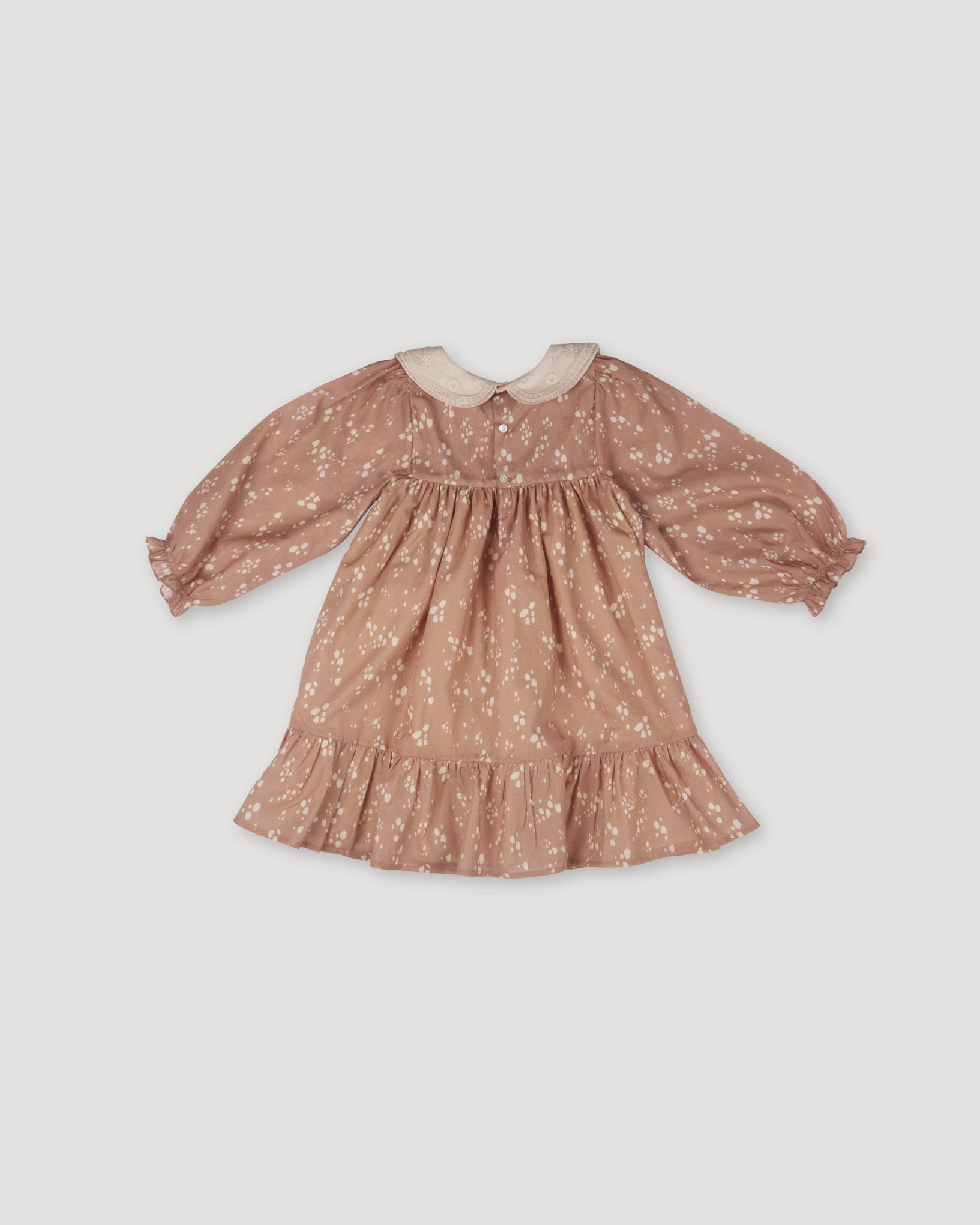 Early Sunday, Virginia Dress in Fawn Soft Pinkish Brown, made from Printed Cotton Cambric fabric, featuring classic silhouette with embroidered collars, shown in a back flat-lay view