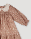 Early Sunday, Virginia Dress in Fawn Soft Pinkish Brown, made from Printed Cotton Cambric fabric, featuring classic silhouette with embroidered collars, shown in a closeup flat-lay view