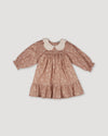Early Sunday, Virginia Dress in Fawn Soft Pinkish Brown, made from Printed Cotton Cambric fabric, featuring classic silhouette with embroidered collars, shown in a front flat-lay view