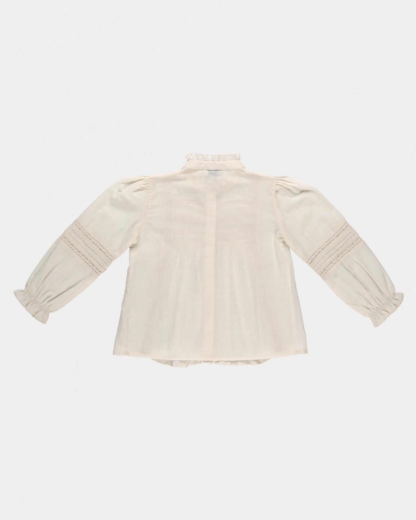 Early Sunday, Zoe Shirt in Ecru, made from Cotton Jeera Dobby Voile fabric, featuring frilled roundneck with detailed lace yoke, shown in a back flat-lay view