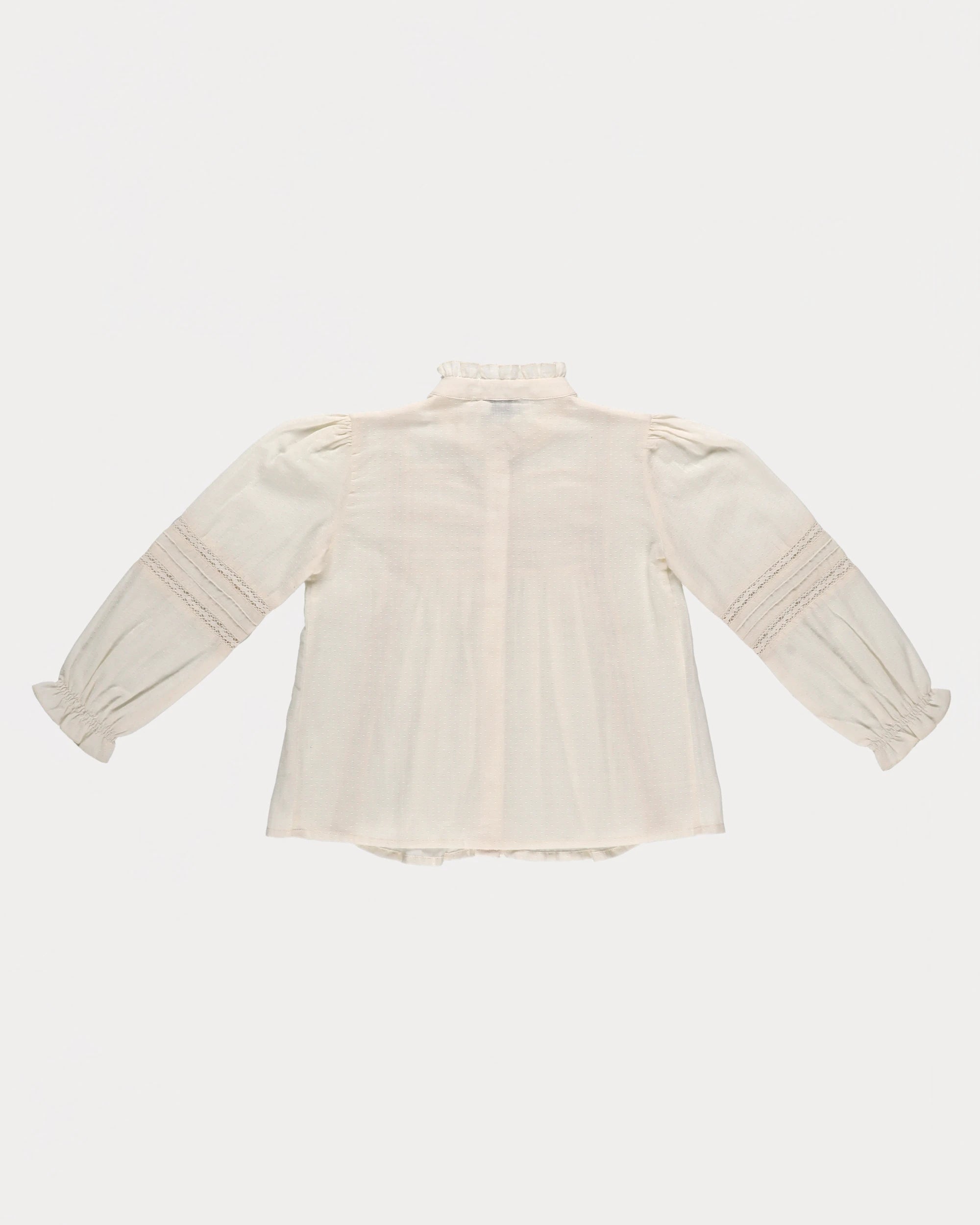 Early Sunday, Zoe Shirt in Ecru, made from Cotton Jeera Dobby Voile fabric, featuring frilled roundneck with detailed lace yoke, shown in a back flat-lay view