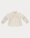 Early Sunday, Zoe Shirt in Ecru, made from Cotton Jeera Dobby Voile fabric, featuring frilled roundneck with detailed lace yoke, shown in a front flat-lay view