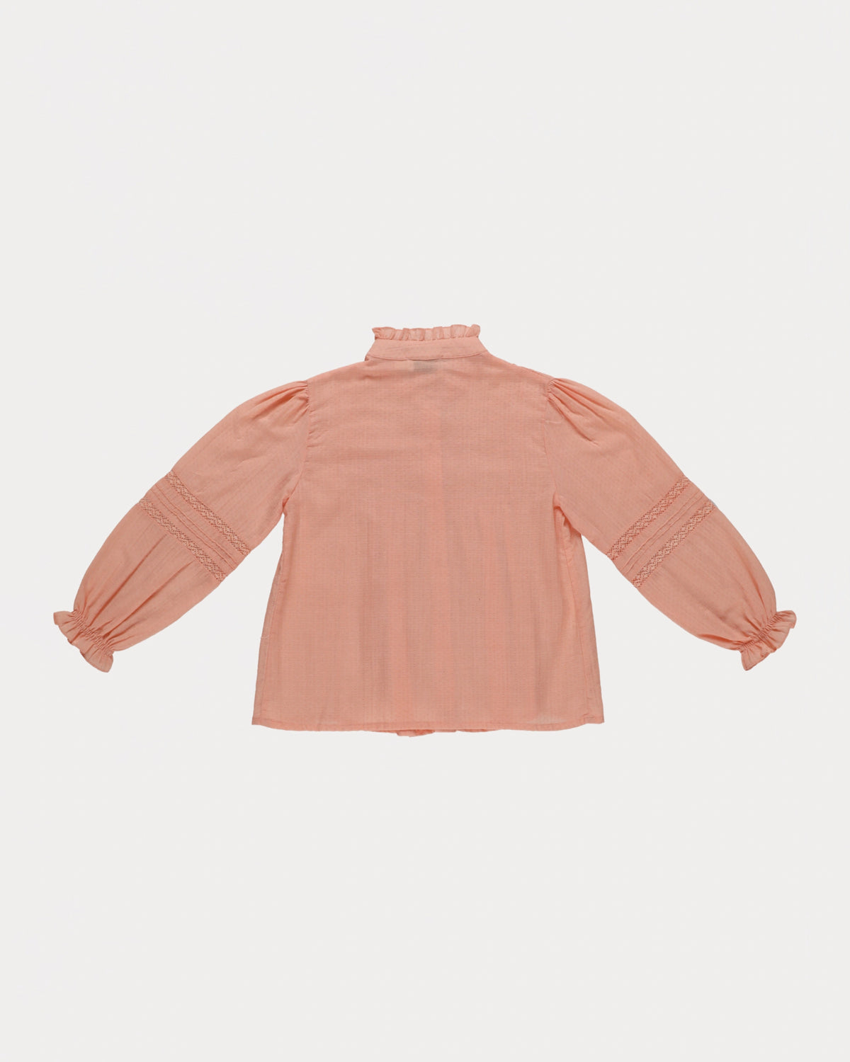 Early Sunday, Zoe Shirt in Nude, made from Cotton Jeera Dobby Voile fabric, featuring frilled roundneck with detailed lace yoke, shown in a back flat-lay view